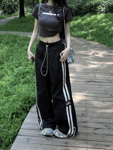 Three-dimensional letter short T-shirt + drawstring wide-leg pants women's loose and thin casual sports trousers trendy