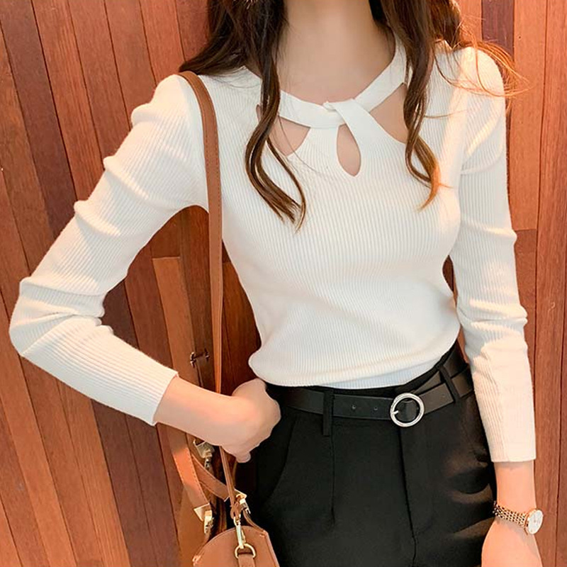 Spring new personality cross hollow hanging neck round neck sweater women's long-sleeved pullover slim-fit bottoming sweater