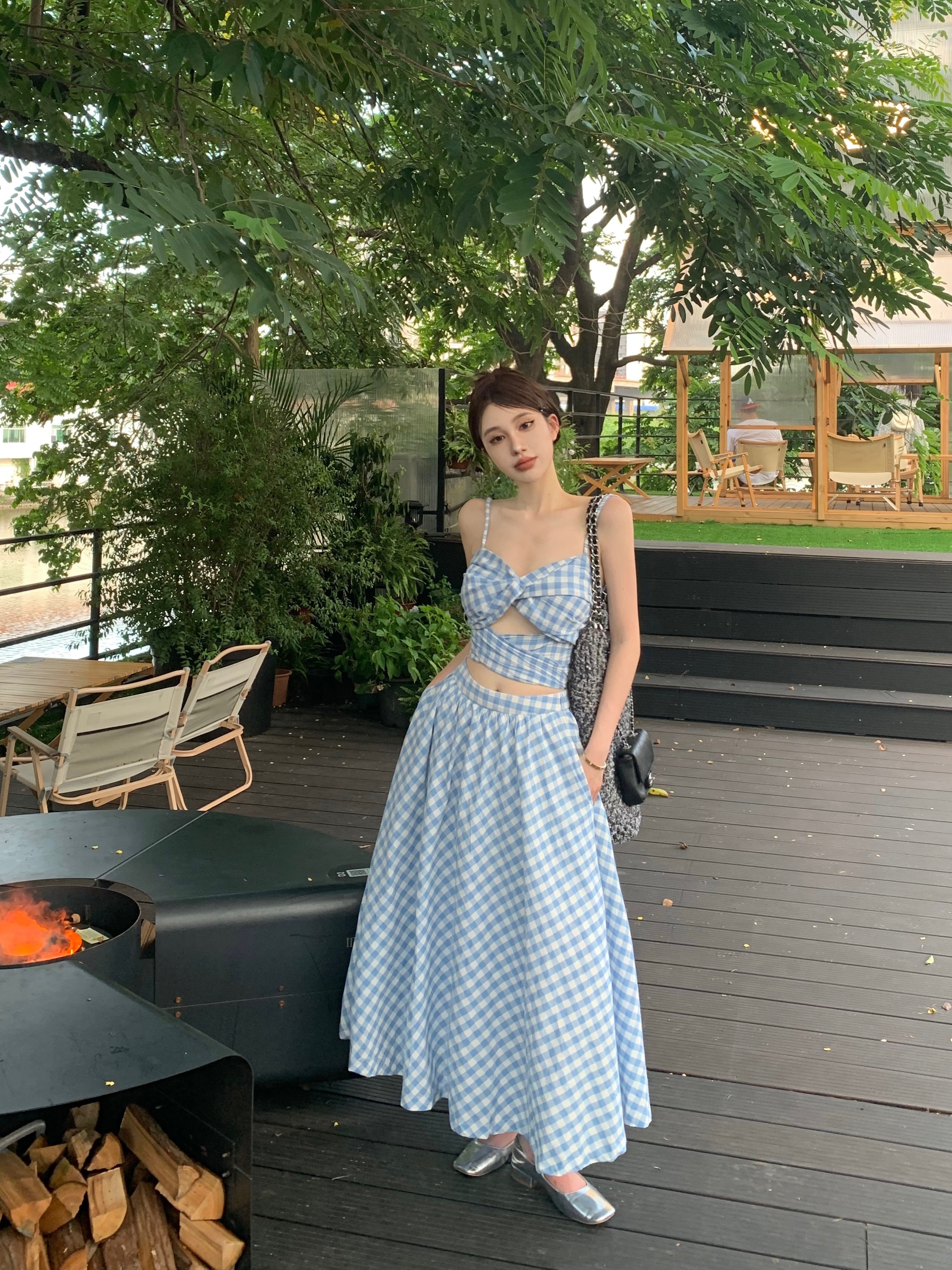 Blue and white plaid camisole summer new high waist skirt suit two-piece set