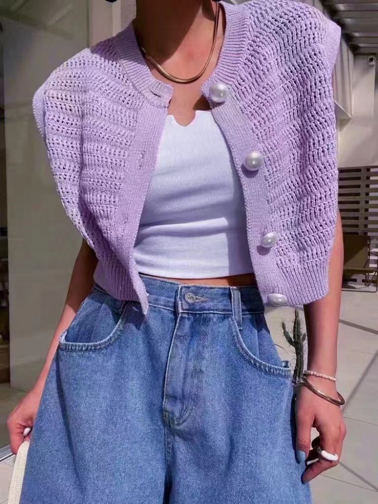 South Korea's Dongdaemun 2023 new temperament niche all-match solid color knitted vest slim cardigan top women's summer