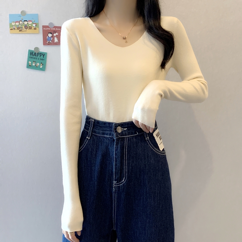 New v-neck top ladies knitted bottoming shirt autumn and winter slim fit long-sleeved foreign style sweater