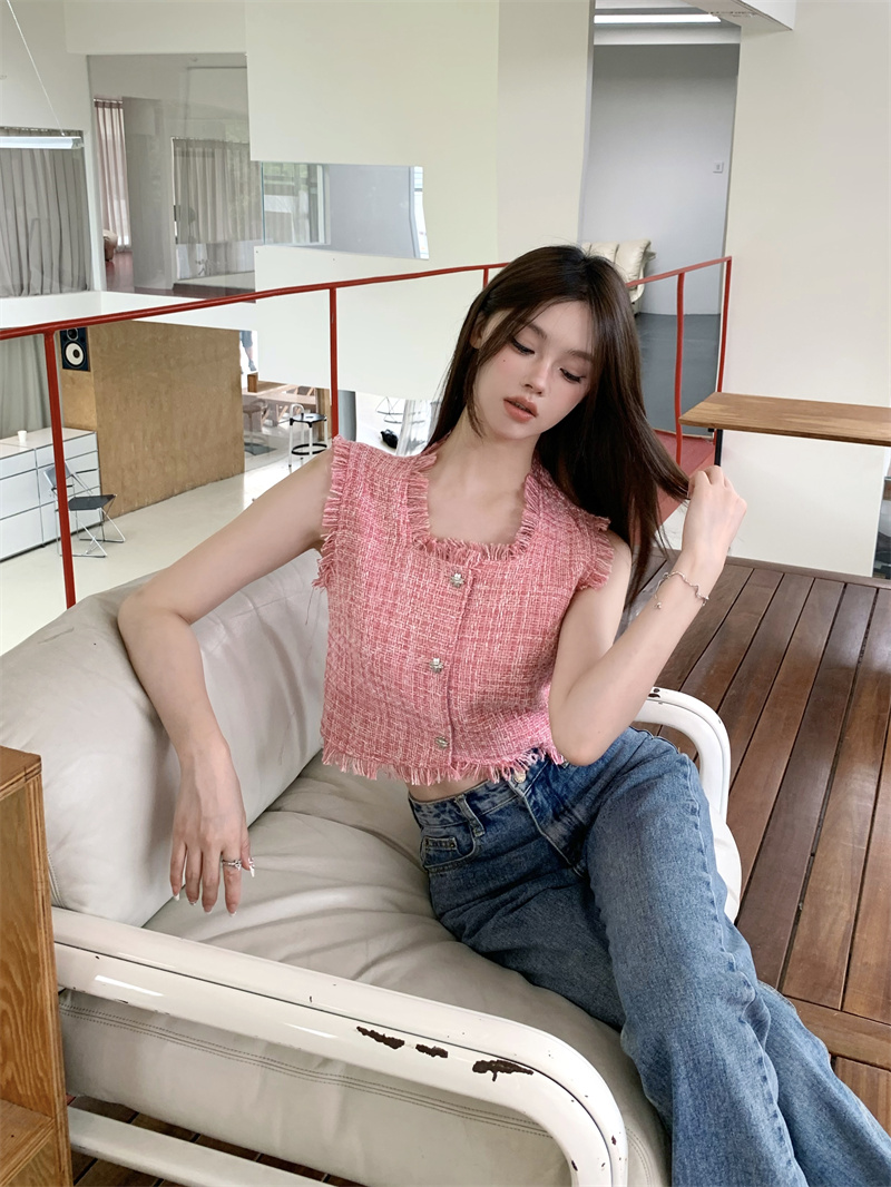 ~2023 early autumn new style temperament small fragrance round neck sleeveless tassel vest vest short coat female