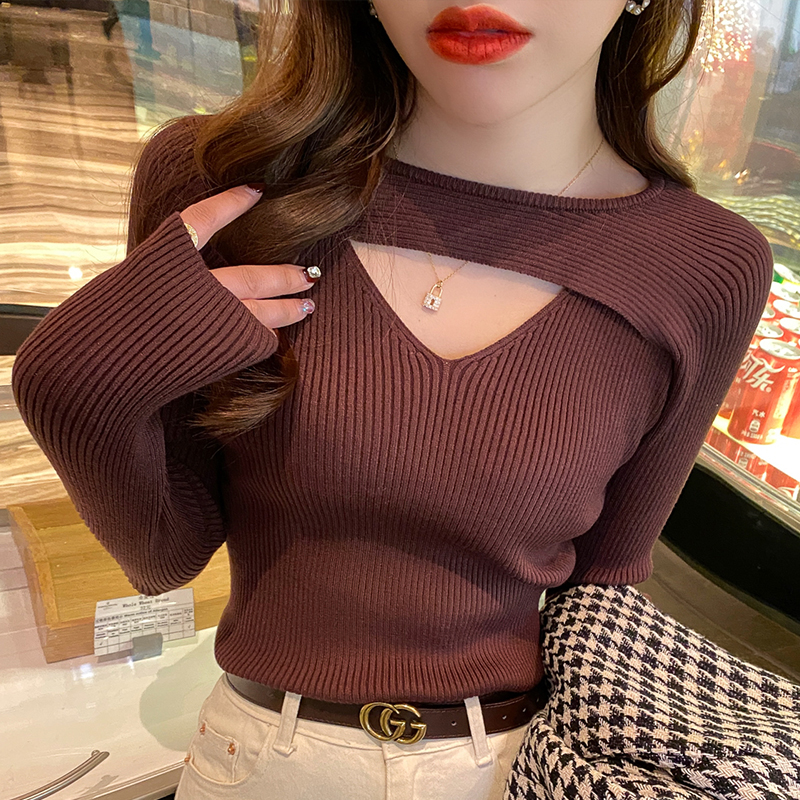 Knitted bottoming shirt women's inner wear spring and autumn new design sense niche collarbone chic halter neck top