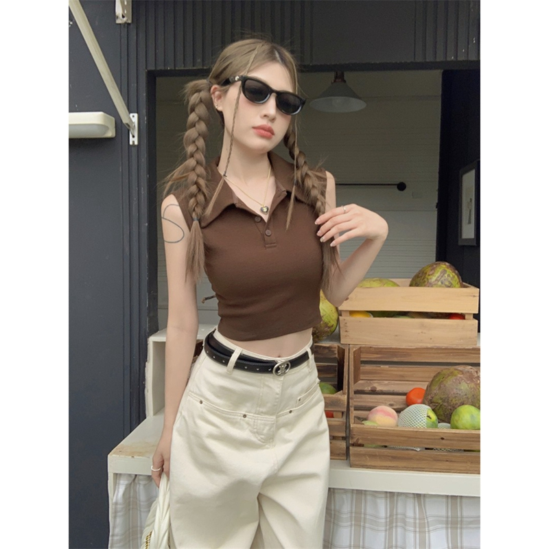 Fashion super hot retro style design sense polo collar button sleeveless T-shirt women's summer new slim slim top