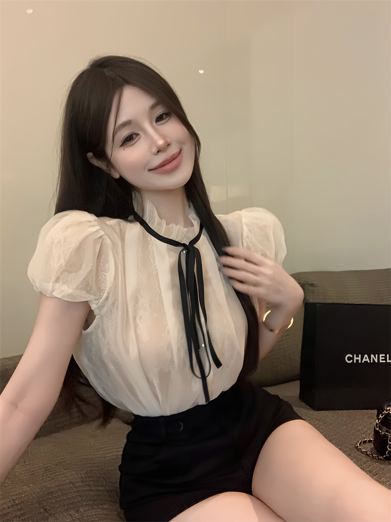 ~2023 New French Bow Chiffon Shirt Tether Double Layer Lace Chiffon Top