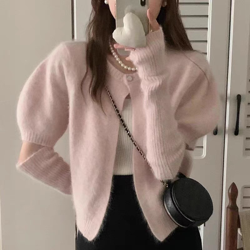 Korean version of the niche foreign style soft waxy girl white rabbit fur cardigan puff sleeves with sleeves knitted sweater
