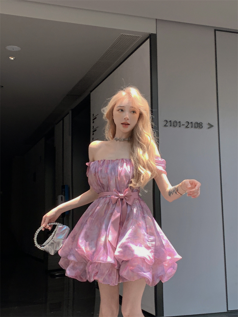Slightly drunk rose pink purple one-shoulder tube top design sense niche dress small man