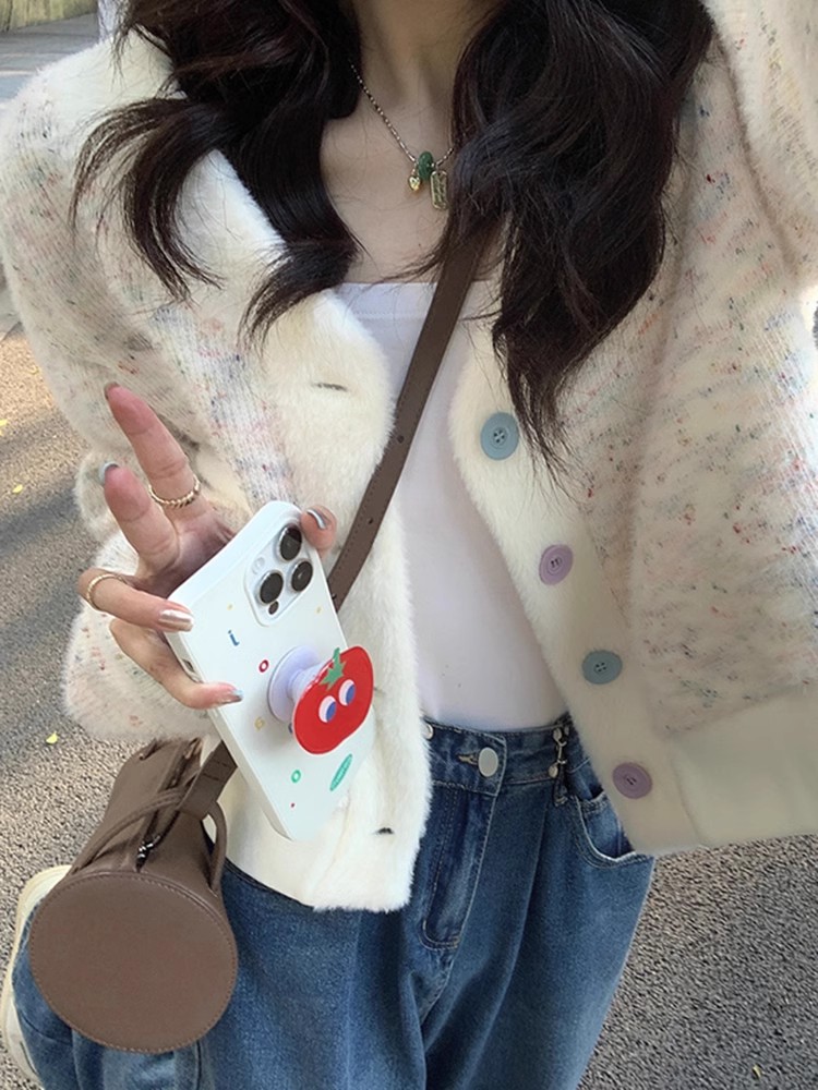 V-neck short sweater jacket women's summer 2023 new design sense sweet and age-reducing temperament long-sleeved knitted cardigan