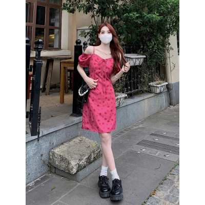 Large size French style high-end sense rose red floral dress female summer fat mm temperament narrow waist and thin short-sleeved tea break skirt