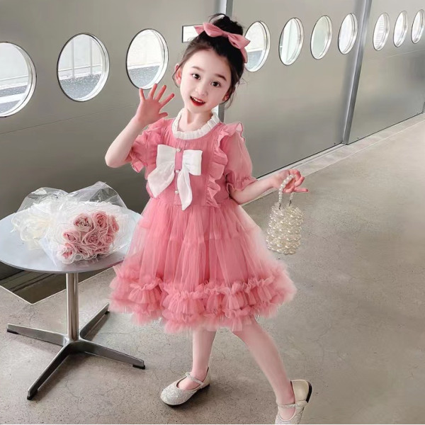 Korean style fashion girls summer short-sleeved dress 2023 new super fairy sweet beauty treasure pink mesh skirt