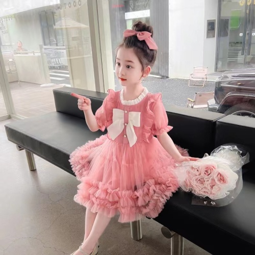 Korean style fashion girls summer short-sleeved dress  new super fairy sweet beauty treasure pink mesh skirt