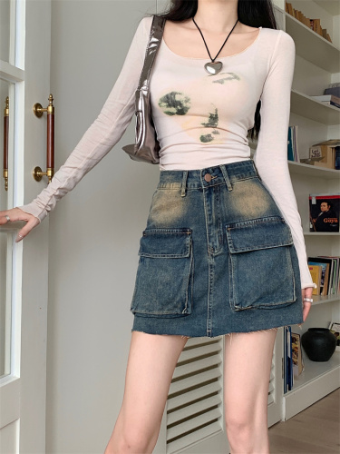 Spice Girl Retro Denim Workwear Skirt Skirt Women's Summer New A-line Half Skirt High Waist Bag Hip Skirt