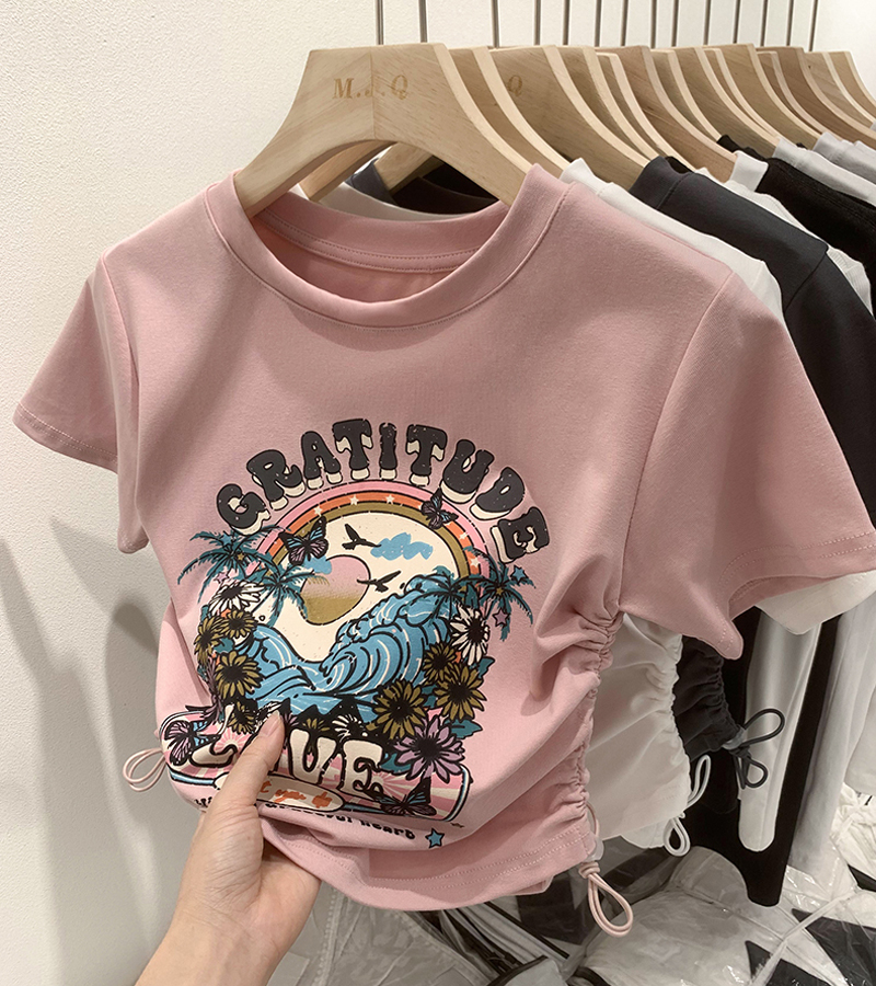 Cotton back bag 210g Odell 92 cotton 8 spandex short-sleeved T-shirt female print drawstring Tmall quality