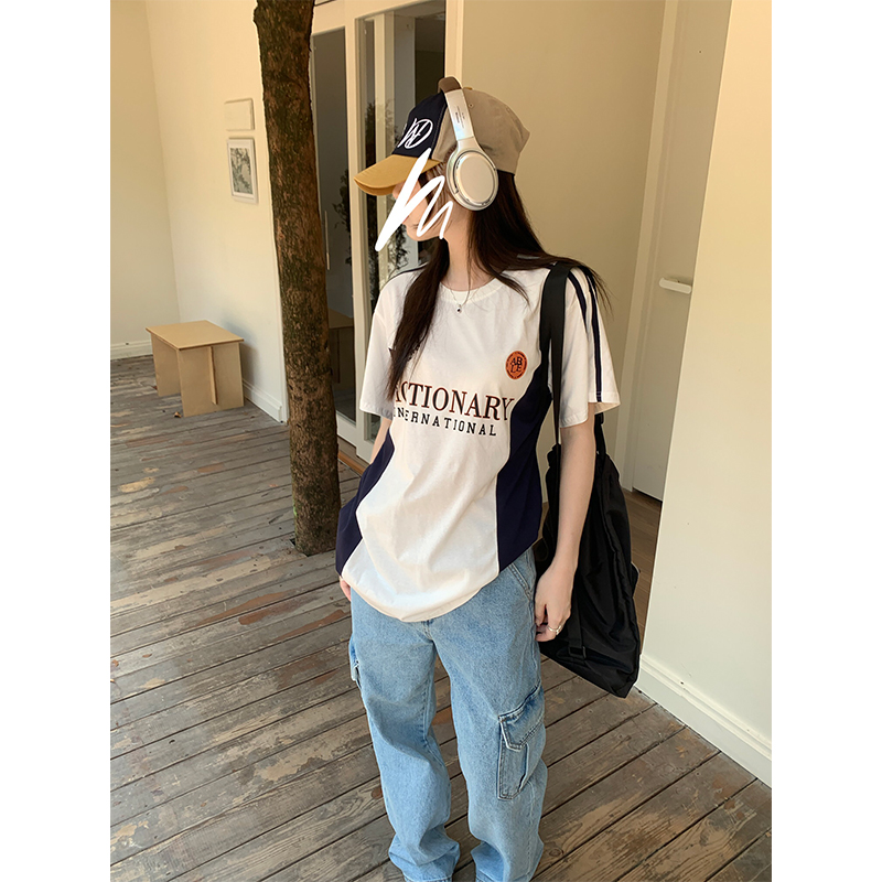 Korean version of retro jersey style stitching all-match short-sleeved T-shirt summer new contrast color round neck top
