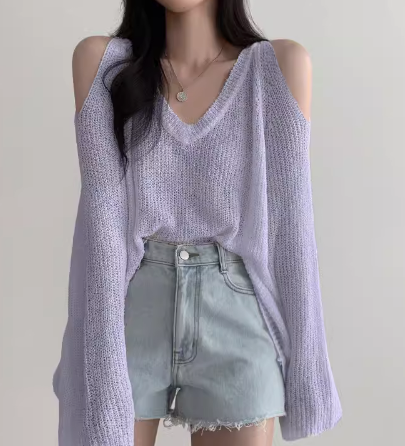 Korean chic loose lazy v-neck strapless all-match casual sunscreen knitted top women