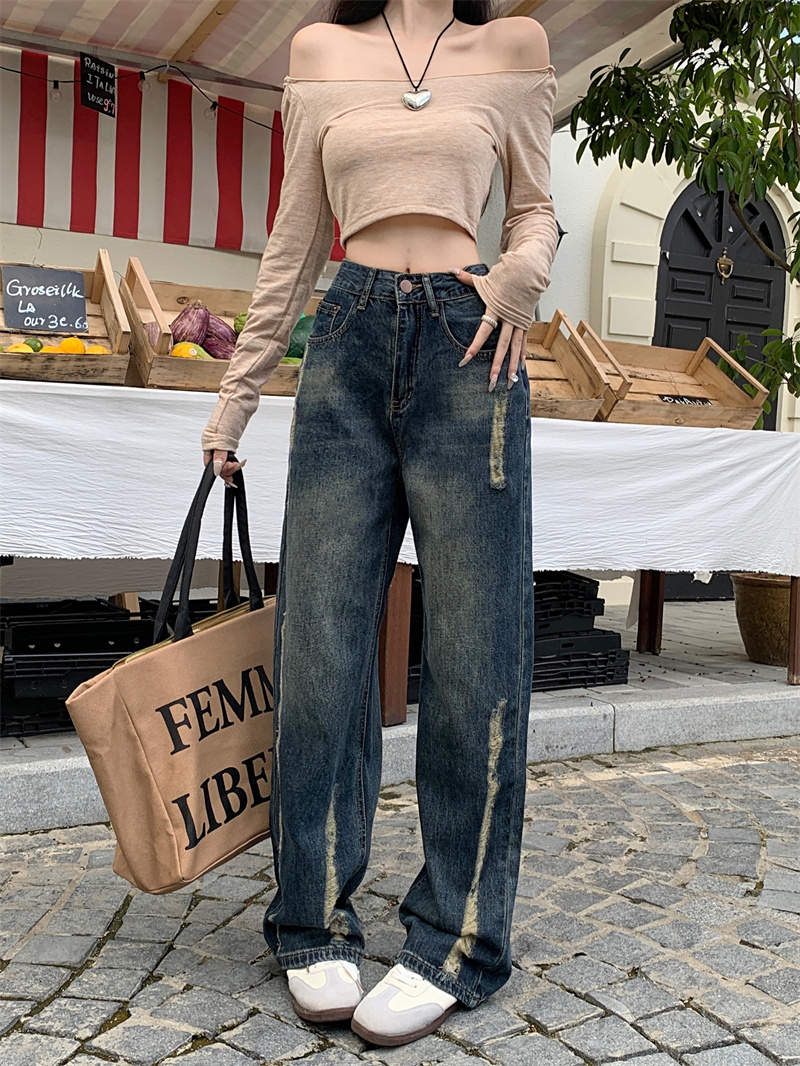 Ripped straight jeans women's 2023 new trendy slim design loose high waist wide leg pants
