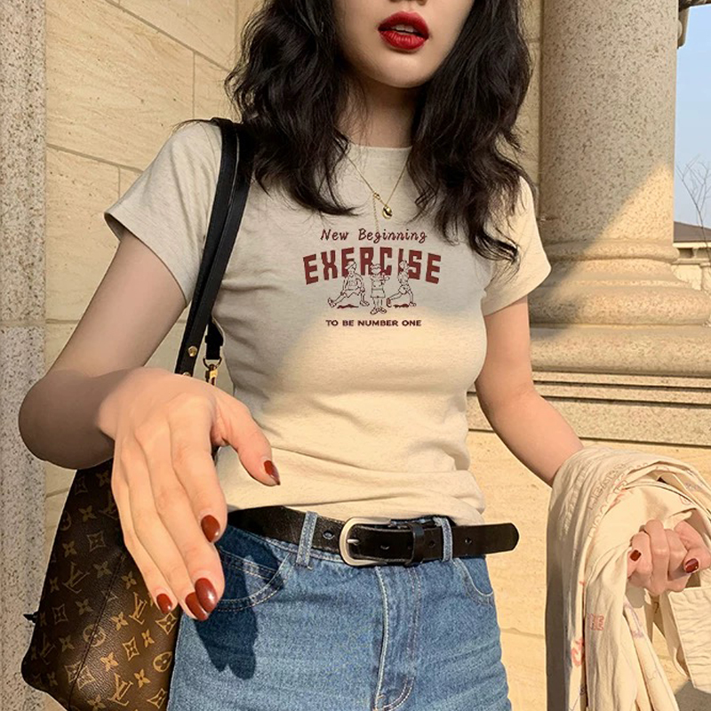 Shoulder short-sleeved t-shirt women's summer 2023 new American style retro slim body shirt bm unique European hot girl top