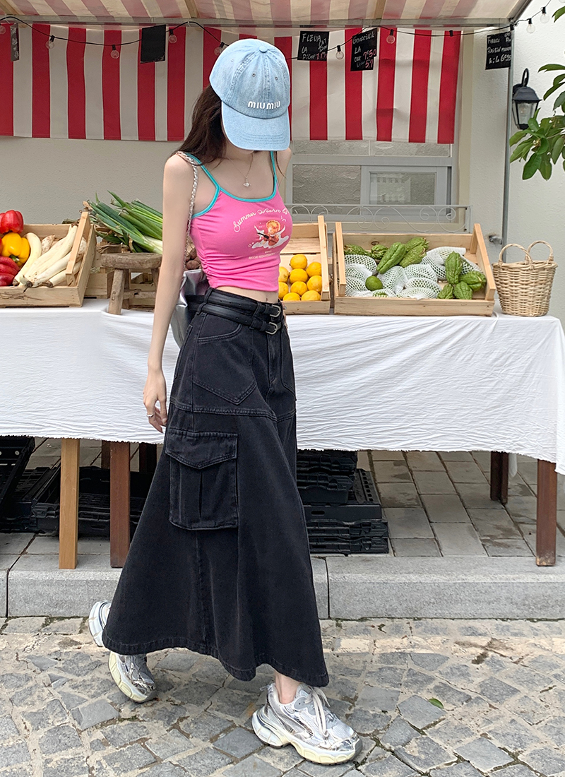 2023 summer new double waist American tooling Bella denim skirt female high waist a-line long skirt