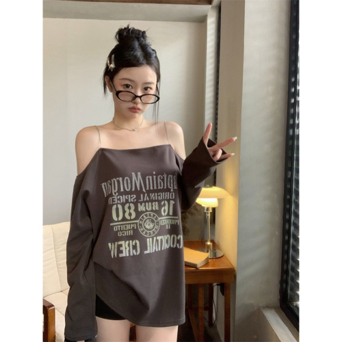 6535 cotton fashion super hot American retro off-shoulder chain printed long-sleeved T-shirt summer loose slimming top tide