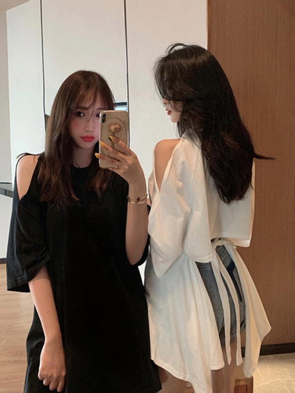 65 cotton large size women's summer strapless short-sleeved t-shirt loose top design sense small crowd fat mm200 catties 300