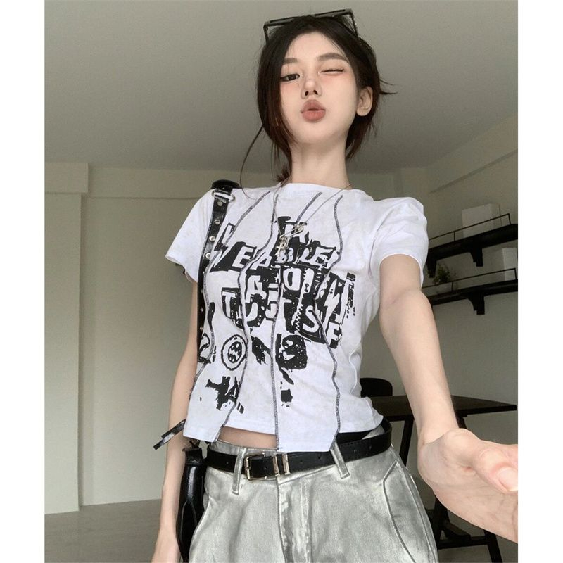 Design sense irregular white short t-shirt women 21 tight cotton shoulder wrap collar printing