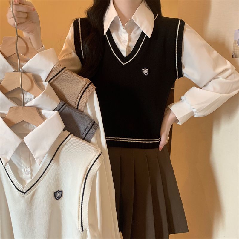 2023 autumn and winter new Korean style design college style polo collar shirt splicing vest long-sleeved top