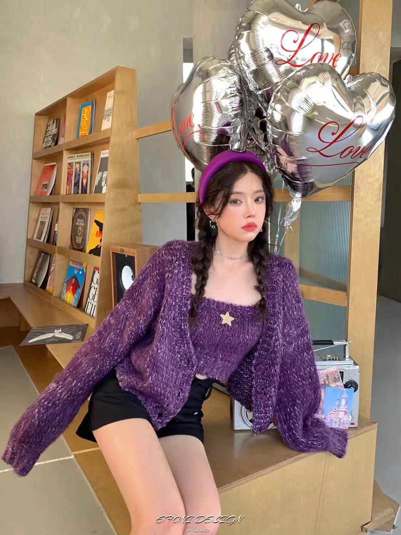 Autumn Pure Desire Style Lazy Soft Waxy Sling Knit Cardigan Two-piece Set Short Sweater Jacket