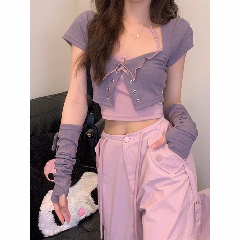 Ice Silk Thread 2*2 Vest + Small Coat + Sleeves Set Short Small Sling Short Sleeve T-Shirt Set