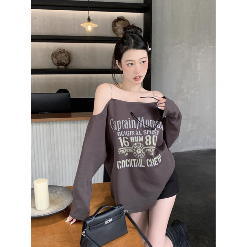 6535 cotton fashion super hot American retro off-shoulder chain printed long-sleeved T-shirt summer loose slimming top tide