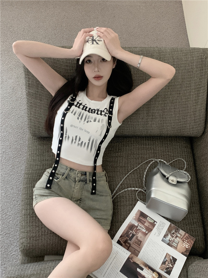 Design Ribbon Camisole Slim Short Top Summer INS Style American Retro Butterfly Print Letter Female