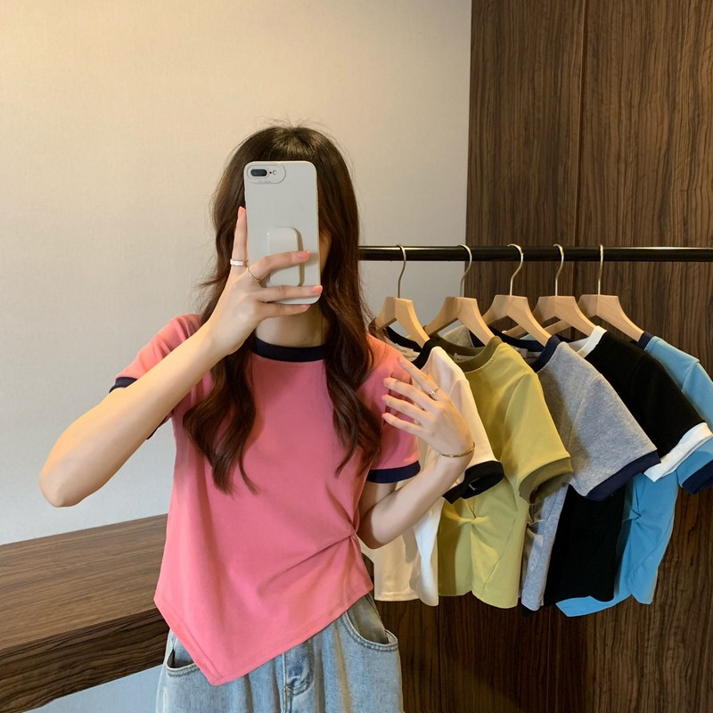 Short-sleeved women's summer design sense color contrast t-shirt irregular short top