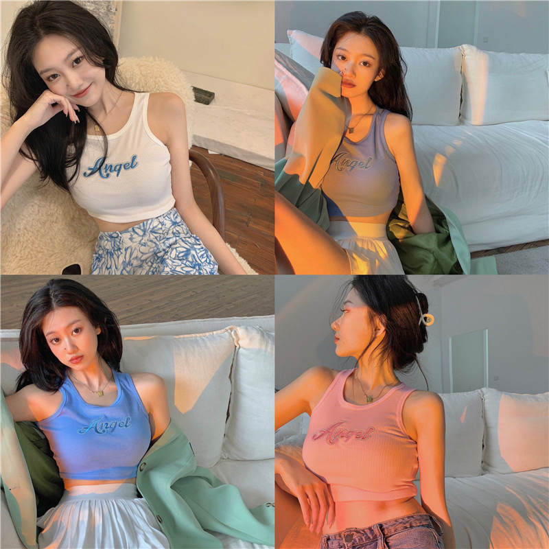 Ice silk rib design sense thread outer wear short top with sleeveless suspenders sexy vest female