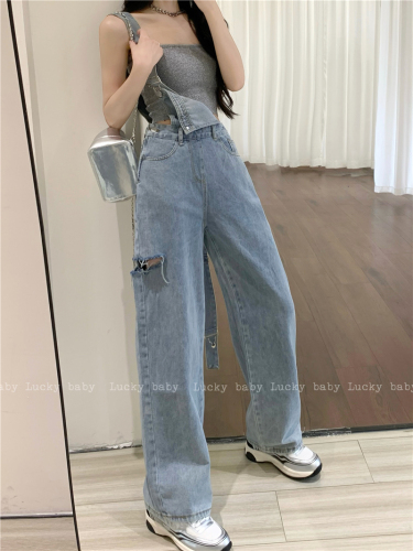 The new hot girl looks thin jeans overalls fashion wide leg ripped straight casual trousers