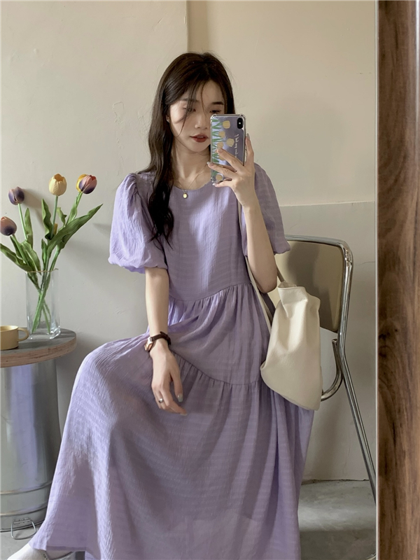!  Purple Puff Sleeve Dress Female Korean Version First Love Retro High Waist Loose Short Sleeve Pleated Long Dress
