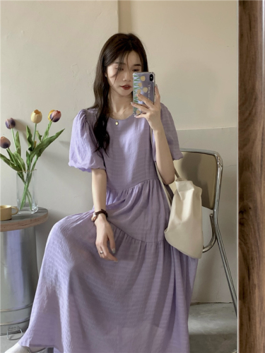 !  Purple Puff Sleeve Dress Female Korean Version First Love Retro High Waist Loose Short Sleeve Pleated Long Dress