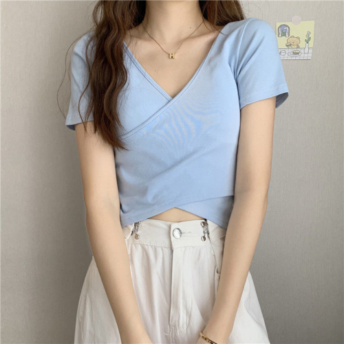 Summer cross all-match slim short-sleeved T-shirt women Korean version short solid color top women