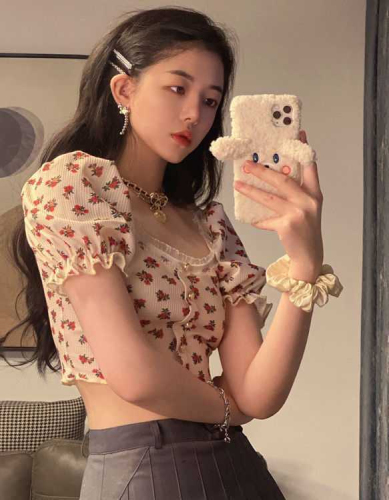 Waffle Summer American Retro Style Floral Short T-Shirt Women's Collar Puff Sleeves Navel Top Trendy