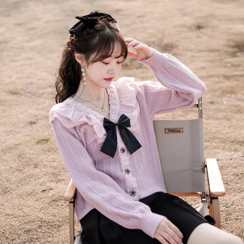 Sweet lace wood ear edge knitted cardigan Women's v-neck single-breasted art 2023 spring coat short