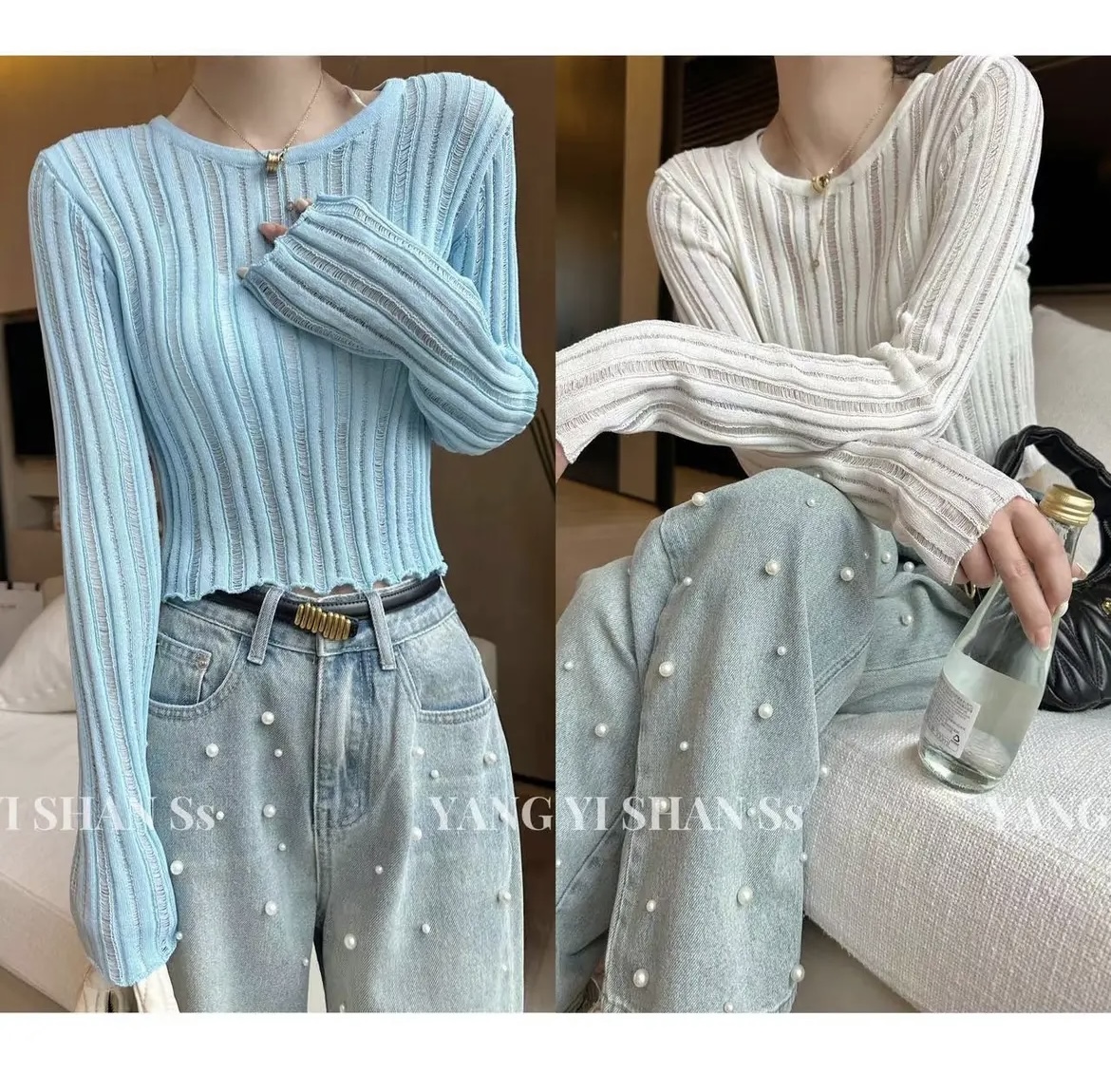 Thin hollow long-sleeved knitted sweater women's spring and summer 2023 new design sense slim sunscreen short t-shirt top