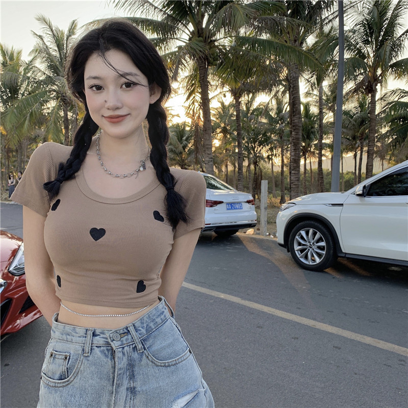 Threaded love embroidery short-sleeved T-shirt female hot girl high waist slim summer short top
