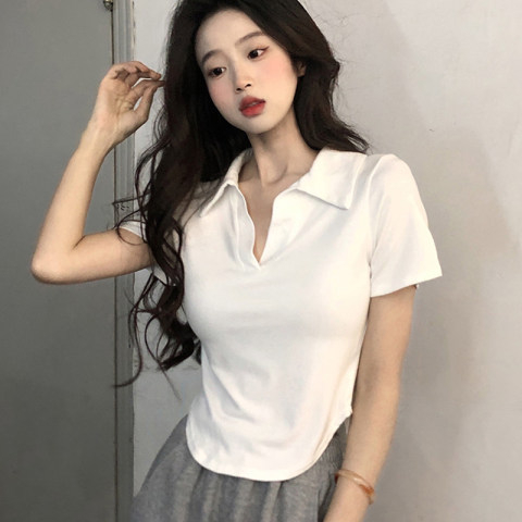 Threaded Polo shirt collar short-sleeved t-shirt women's summer Korean version thin bottoming shirt V-neck chest top