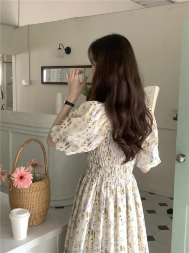 French style gentle wind blooming floral dress summer 2023 new fat mm waist covering meat slimming mid-length skirt women