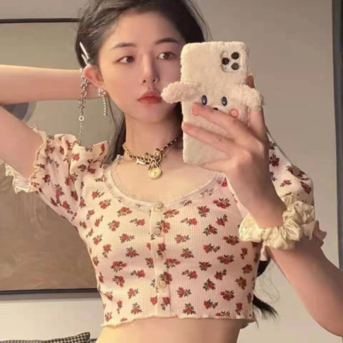 Waffle Summer American Retro Style Floral Short T-Shirt Women's Collar Puff Sleeves Navel Top Trendy