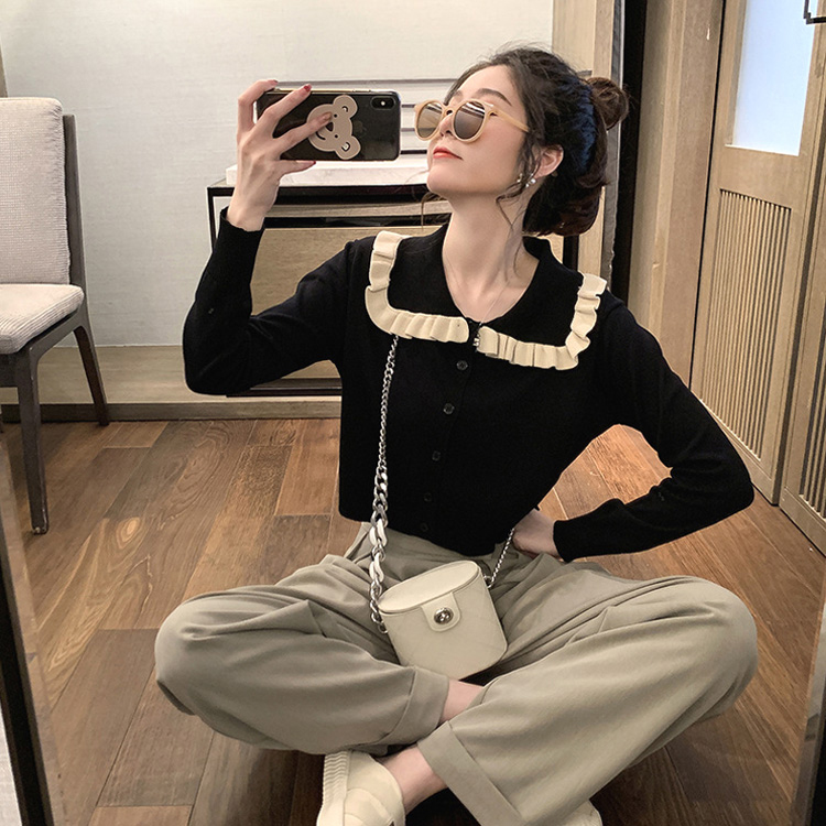 Doll collar contrasting color knitted cardigan jacket women's autumn short high waist loose and thin long-sleeved gold top class top