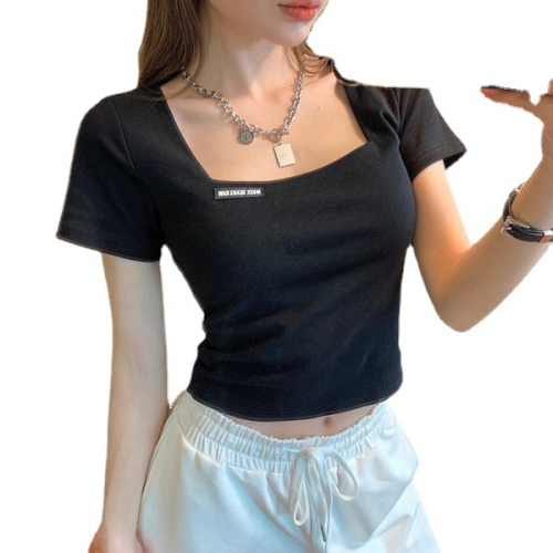 Retro French Square Neck Short High Waist Navel Short Sleeve T-Shirt Ladies Slim Summer Bottom Shirt