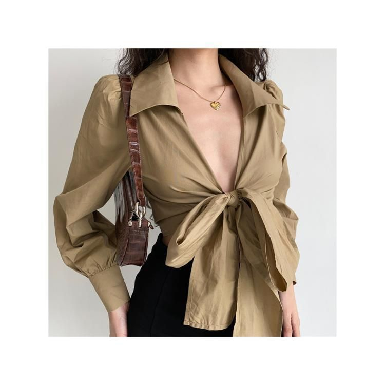 2023 new European and American style sexy cross V-neck strappy lantern sleeve shirt women's spring high waist short top