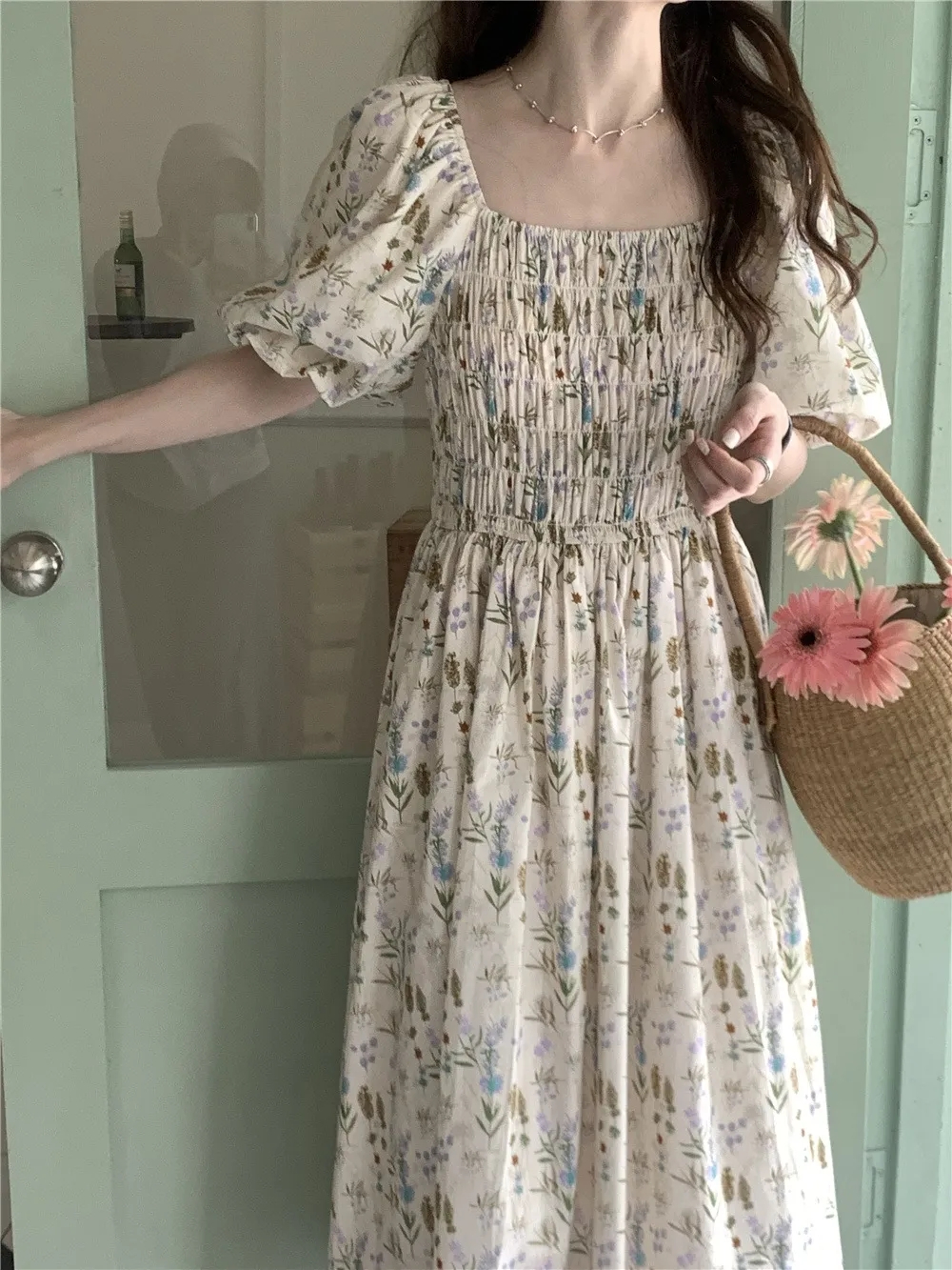 French style gentle wind blooming floral dress summer 2023 new fat mm waist covering meat slimming mid-length skirt women