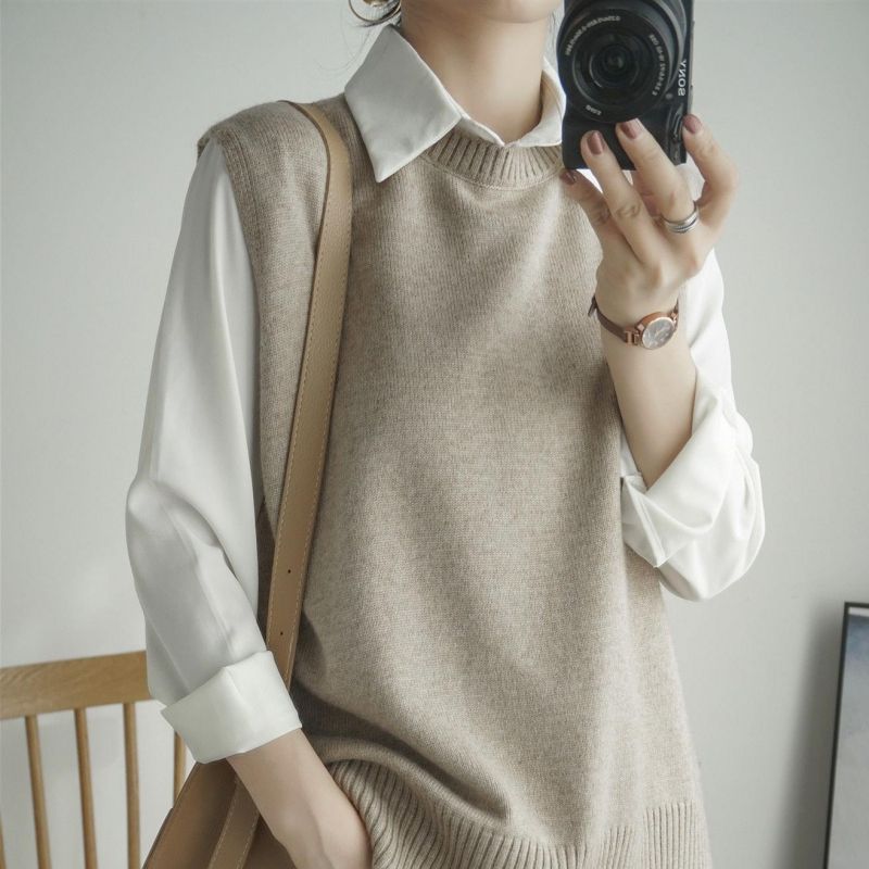Vest women's pure color vest women's Korean version lazy wind slit all-match knitted sleeveless round neck vest shoulder sweater arctic velvet
