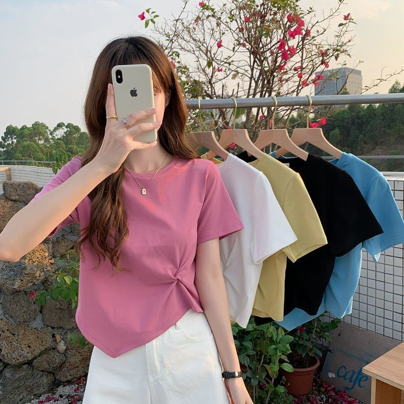 Irregular short-sleeved t-shirt women's summer scheming design sense niche half-sleeve high waist short top
