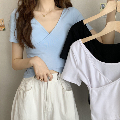 Summer cross all-match slim short-sleeved T-shirt women Korean version short solid color top women